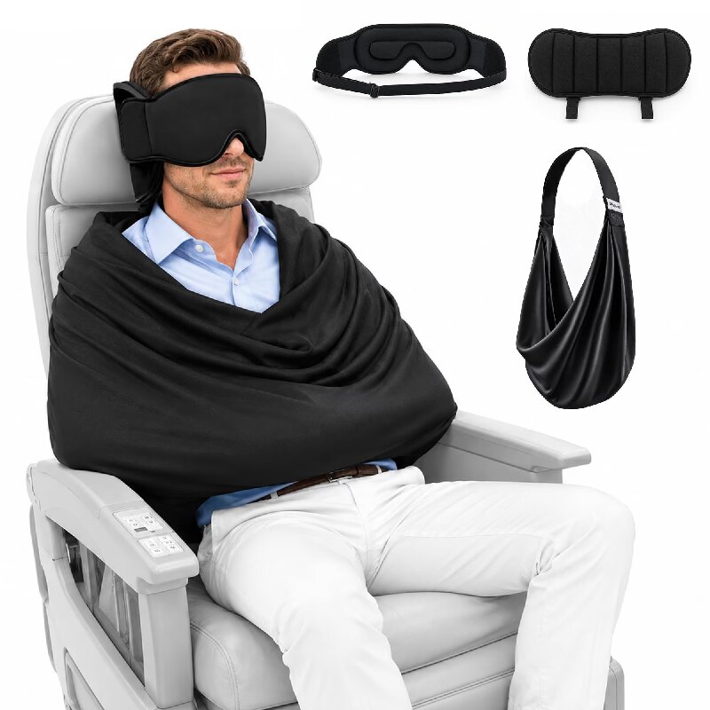 Travel Accessories Long Flight - 3-in-1 Flug-Schlafset: Memory-Schaum-Flugkissen, verstellbare Augenmaske, Decke,